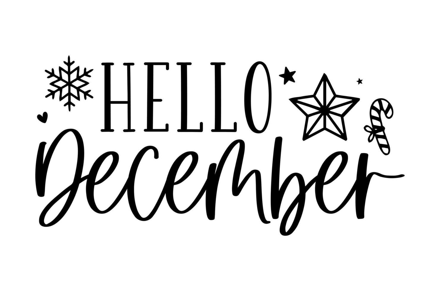 Christmas winter hello december lettering greeting card. Hand-drawn lettering poster for Christmas. Merry Christmas quotes calligraphy lettering isolated on white background, vector illustration.