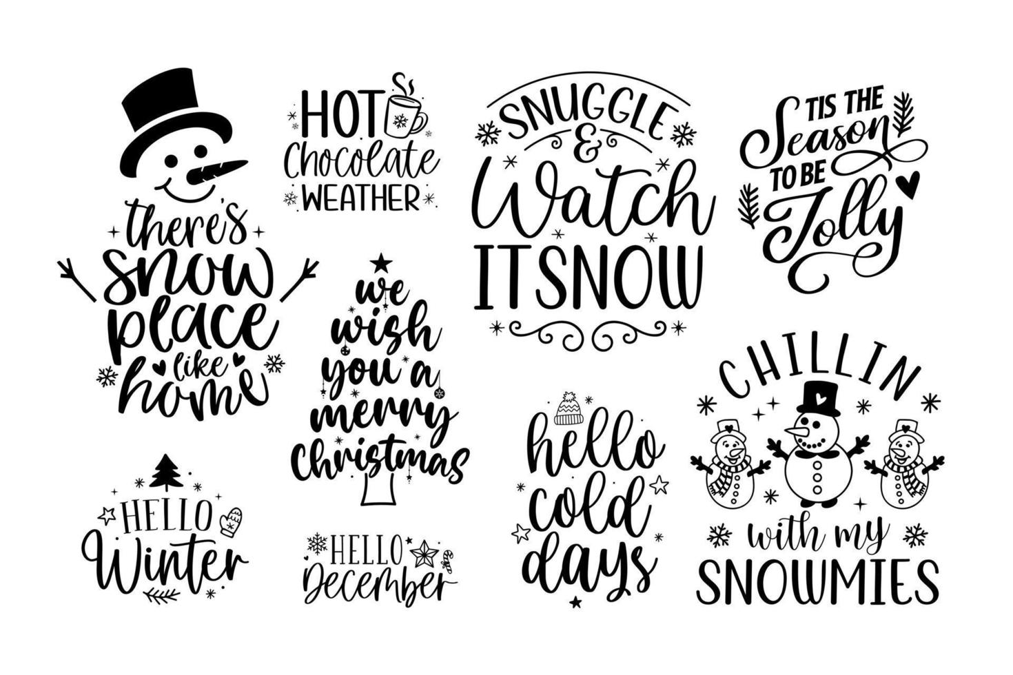 conjunto de vectores de caligrafía de letras de navidad e invierno. cartel de letras dibujado a mano para navidad. feliz navidad invierno cita letras de caligrafía aisladas sobre fondo blanco, ilustración vectorial.