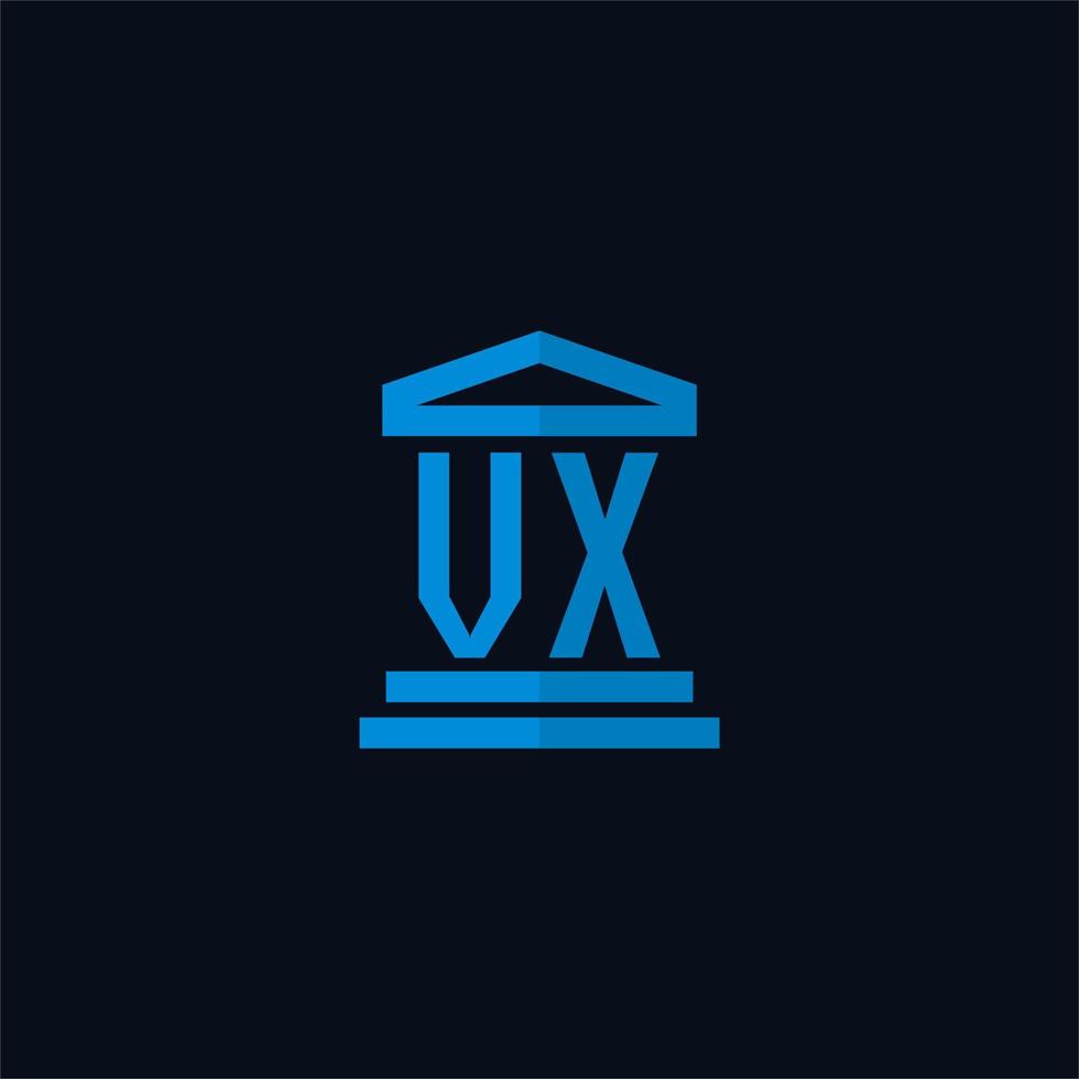 Monograma del logotipo inicial vx con vector de diseño de icono de edificio de juzgado simple