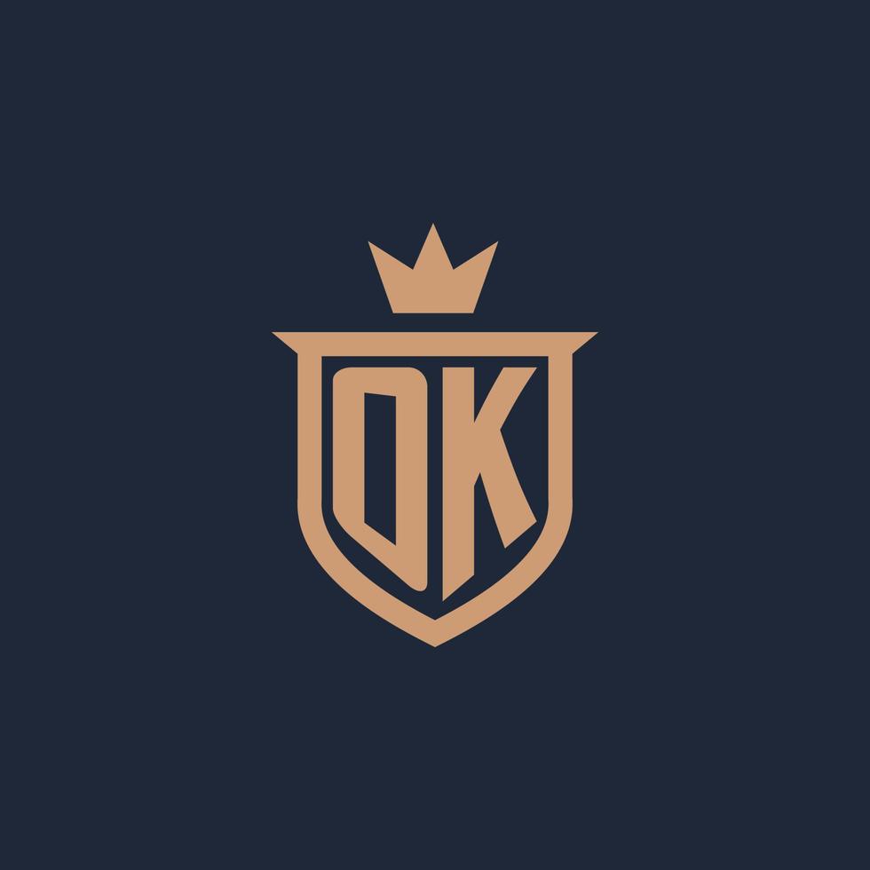 OK monogram initial logo with shield and crown style vector