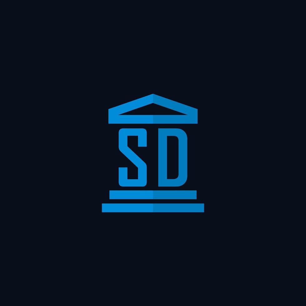 monograma del logotipo inicial de sd con vector de diseño de icono de edificio de juzgado simple