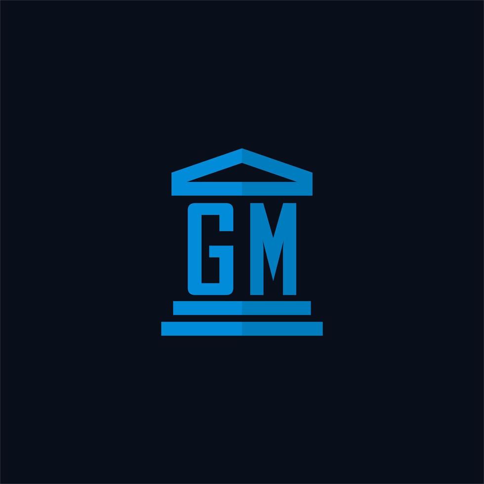 Monograma del logotipo inicial gm con vector de diseño de icono de edificio de juzgado simple