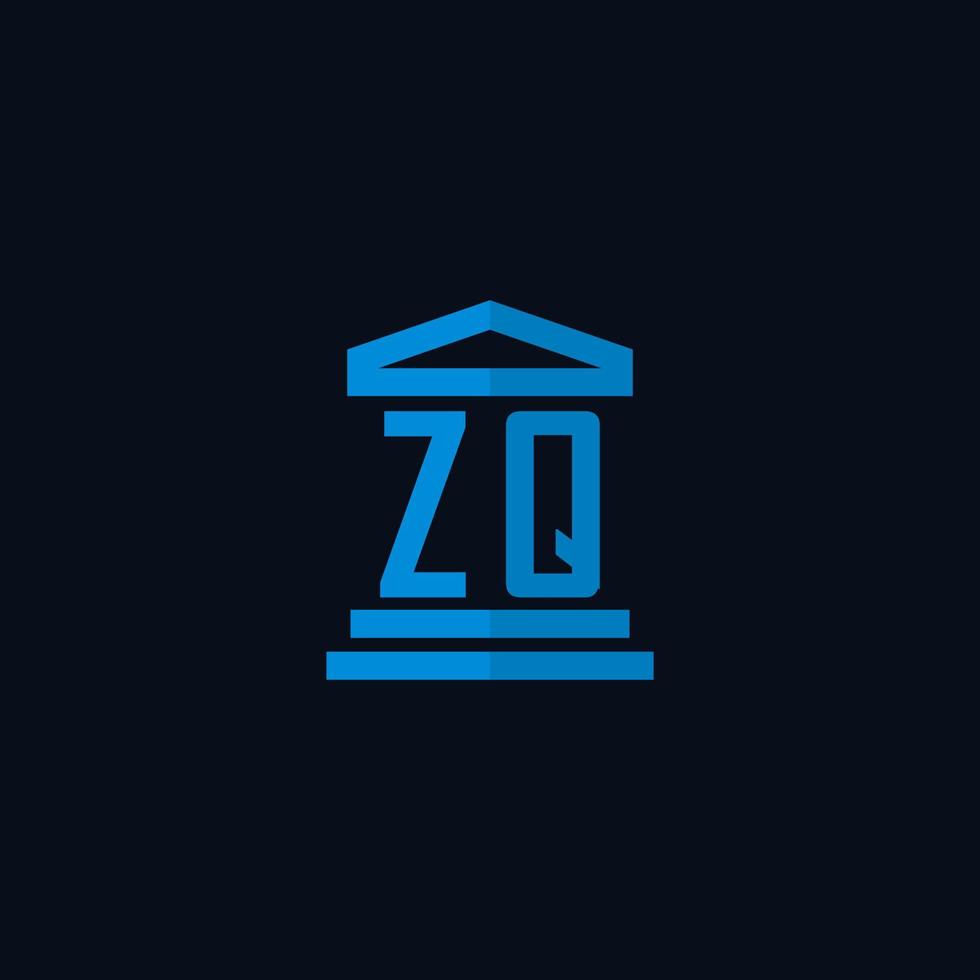 monograma del logotipo inicial zq con vector de diseño de icono de edificio de juzgado simple