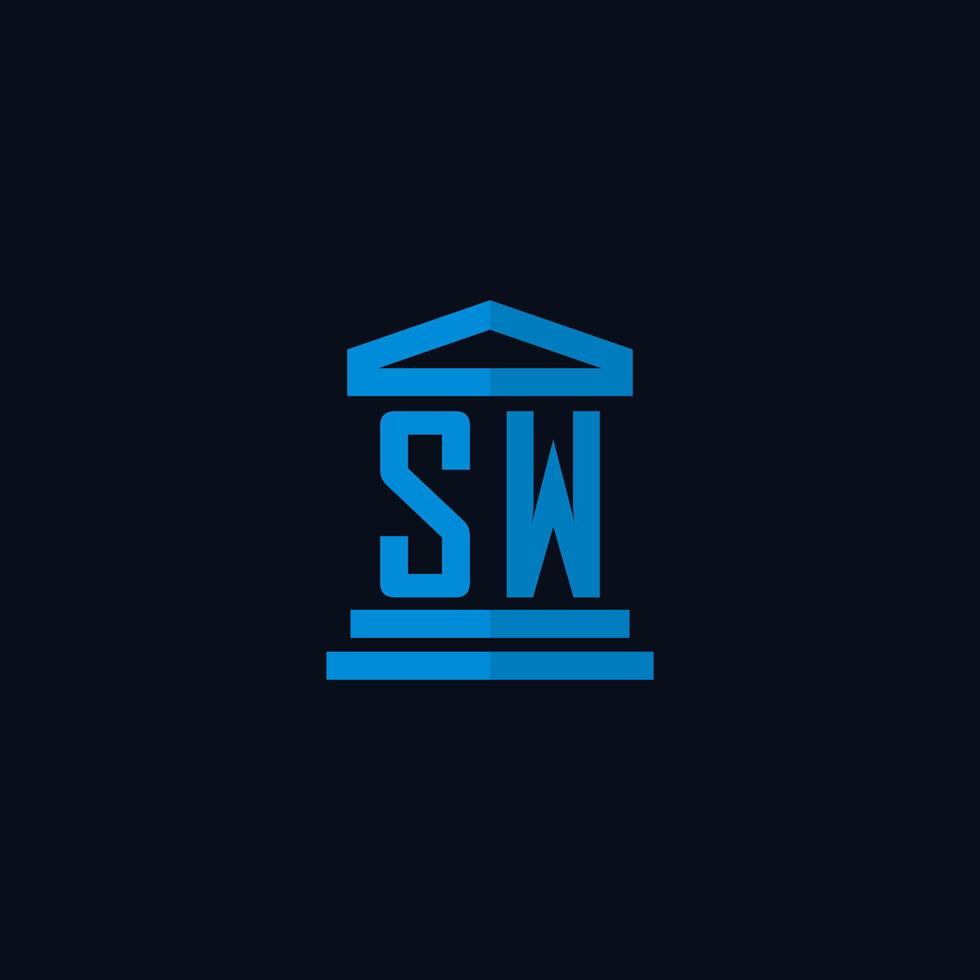 Monograma del logotipo inicial de sw con vector de diseño de icono de edificio de juzgado simple