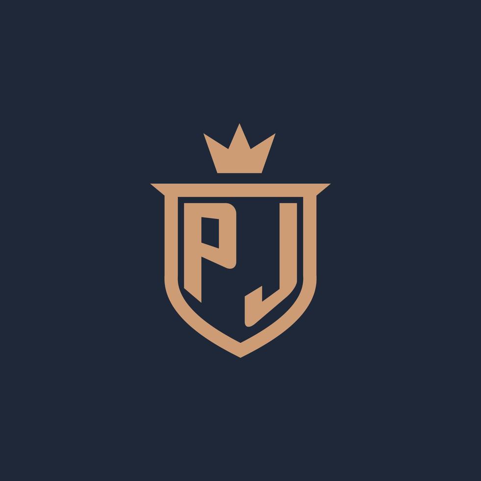 PJ monogram initial logo with shield and crown style vector