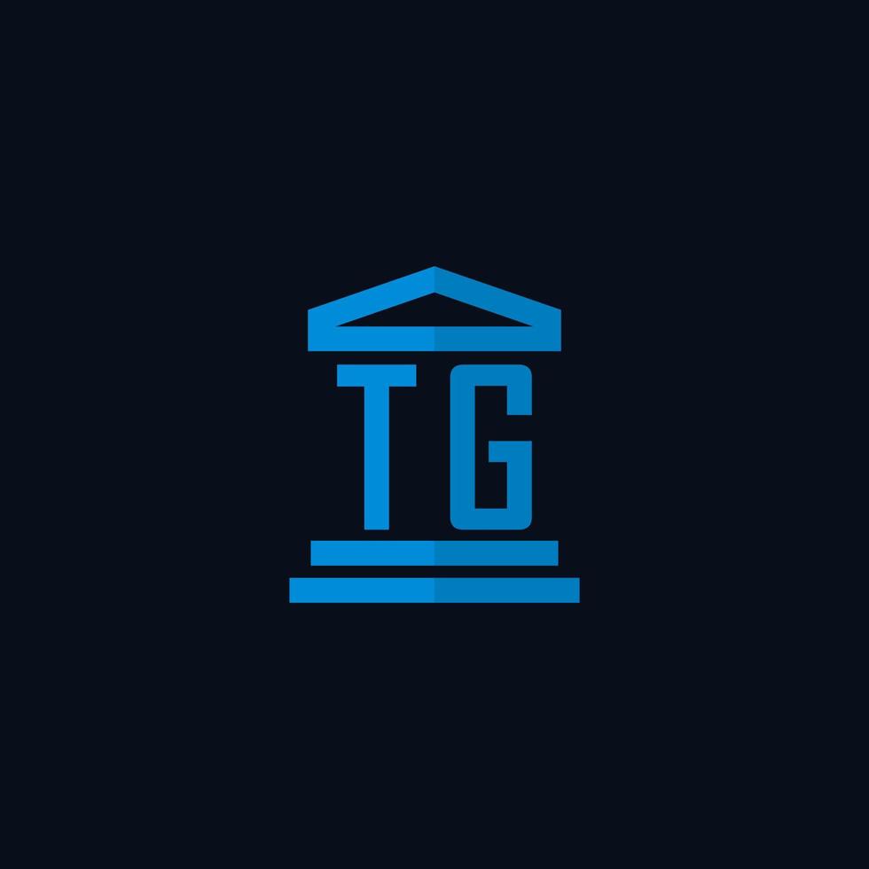 monograma del logotipo inicial de tg con vector de diseño de icono de edificio de juzgado simple