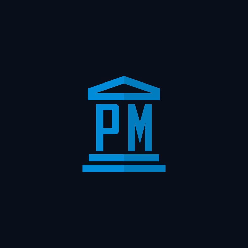 monograma del logotipo inicial de pm con vector de diseño de icono de edificio de juzgado simple