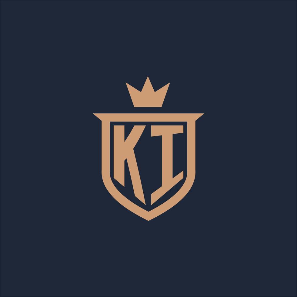 KI monogram initial logo with shield and crown style vector