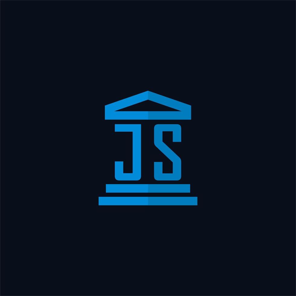 monograma del logotipo inicial de js con vector de diseño de icono de edificio de juzgado simple