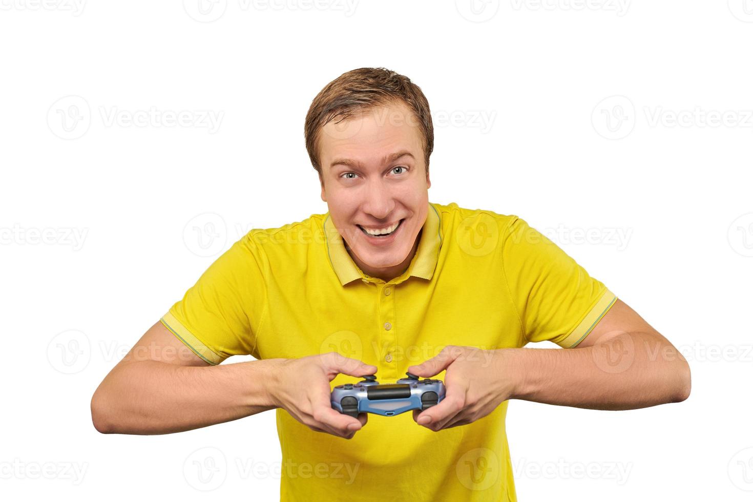 Funny gamer with gamepad, excited video game player concept isolated on white background photo