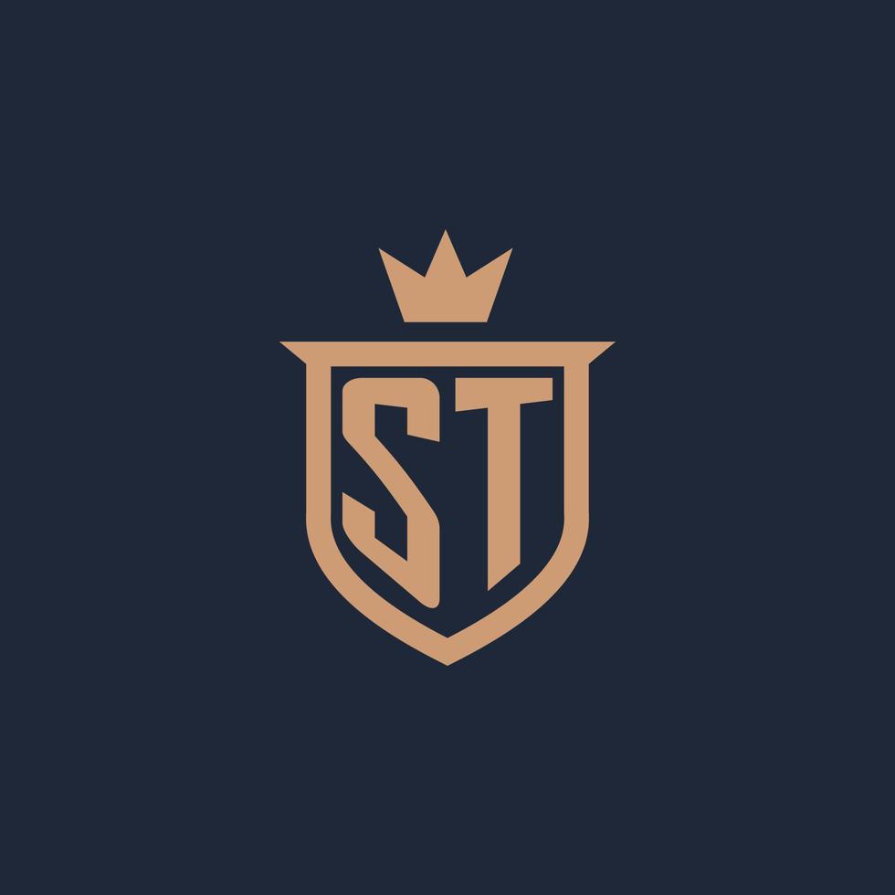 logotipo inicial de st monogram con estilo de escudo y corona vector