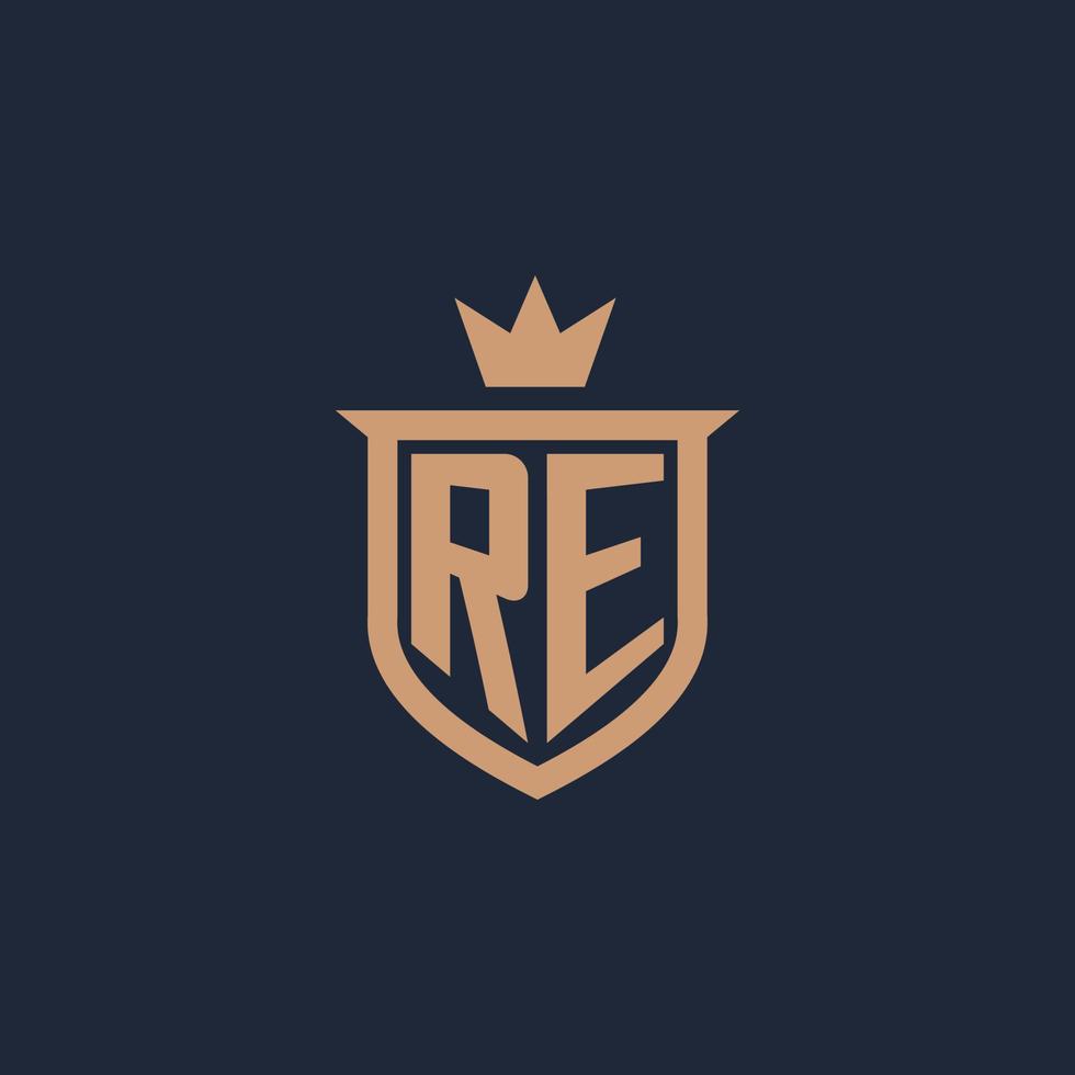 RE monogram initial logo with shield and crown style vector
