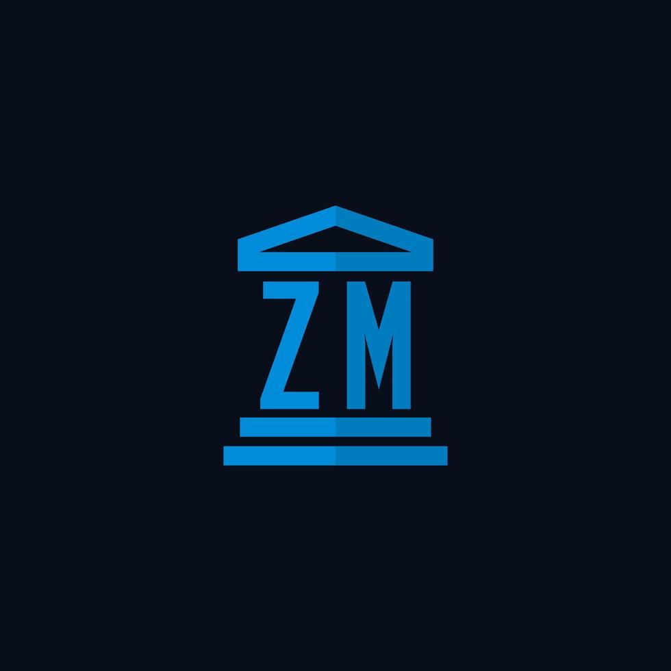 Monograma del logotipo inicial de zm con vector de diseño de icono de edificio de juzgado simple