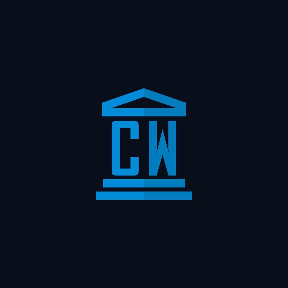 Monograma del logotipo inicial cw con vector de diseño de icono de edificio de juzgado simple