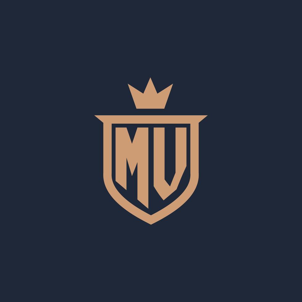 MV monogram initial logo with shield and crown style vector