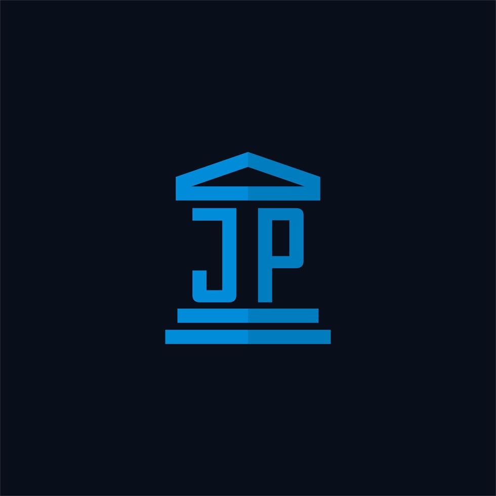 Monograma del logotipo inicial de jp con vector de diseño de icono de edificio de juzgado simple