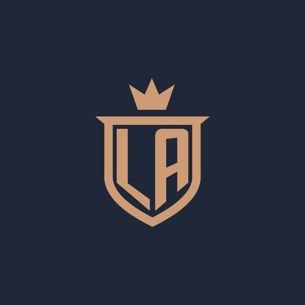 LA monogram initial logo with shield and crown style vector