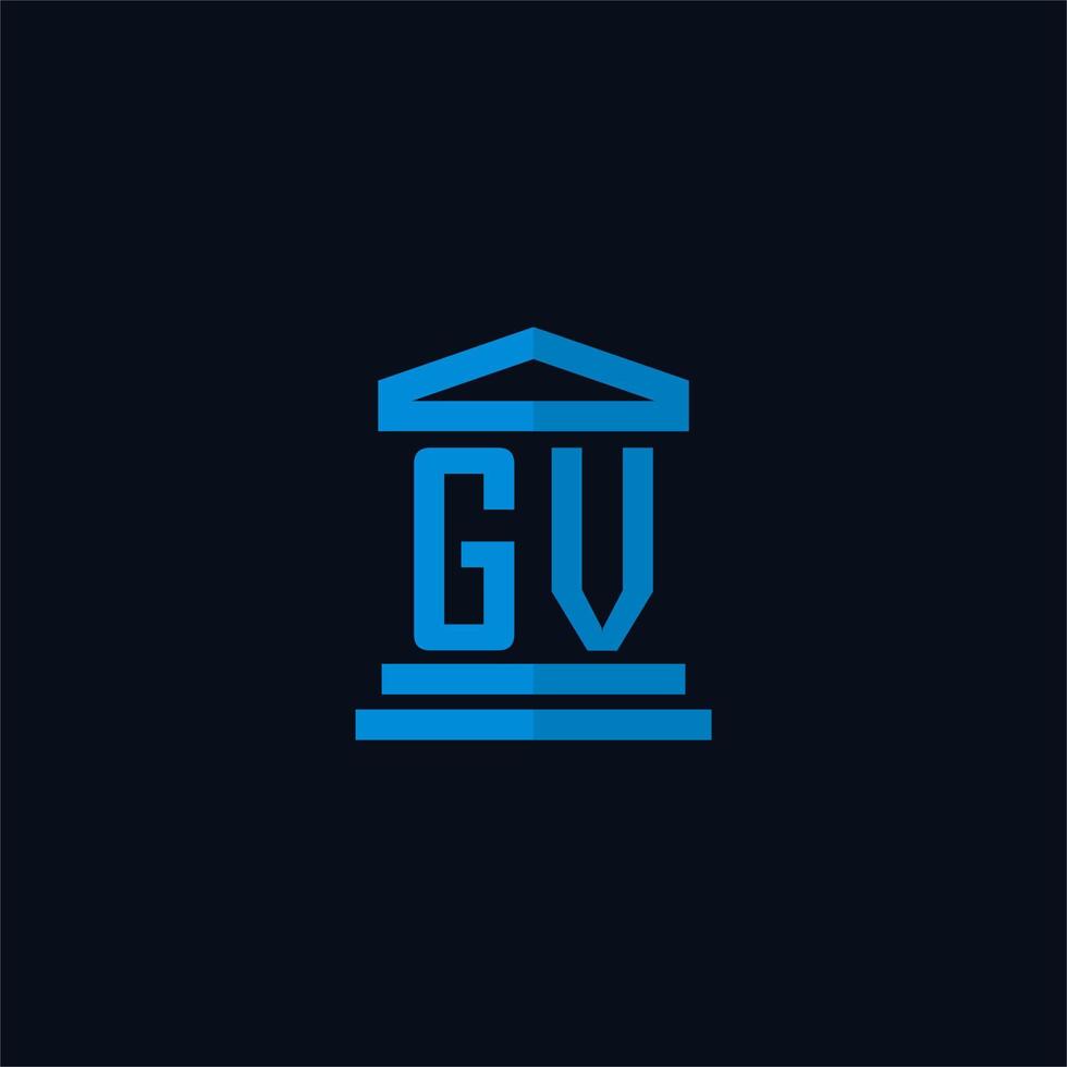 monograma del logotipo inicial de gv con vector de diseño de icono de edificio de juzgado simple