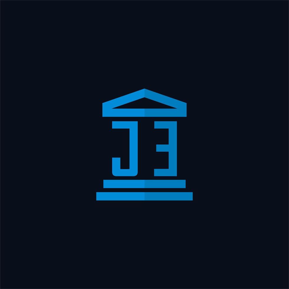 monograma del logotipo inicial de je con vector de diseño de icono de edificio de juzgado simple