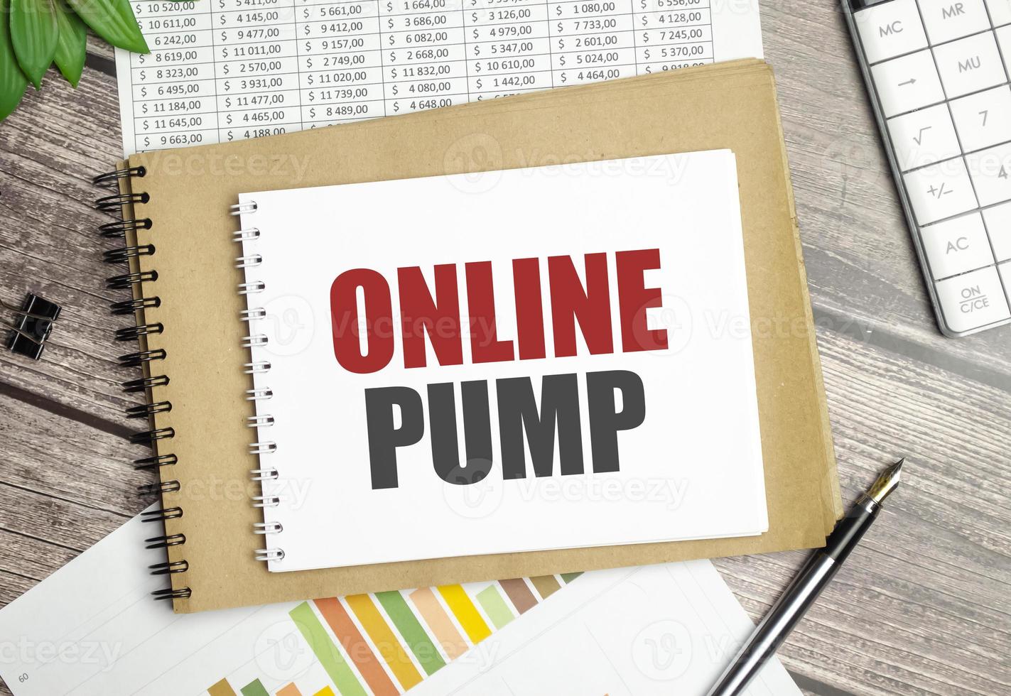 clipboard with white blank paper text Online Pump , calculator and chart, business concept. photo