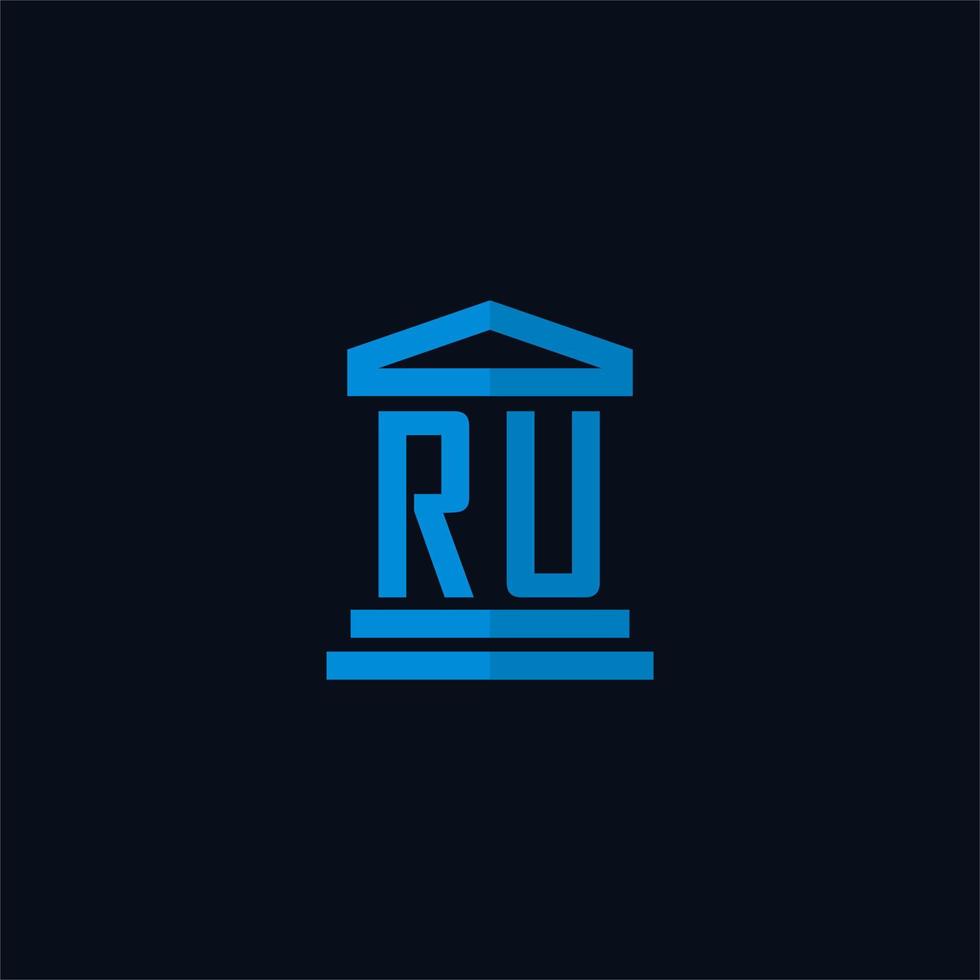 ru monograma inicial del logotipo con vector de diseño de icono de edificio de juzgado simple