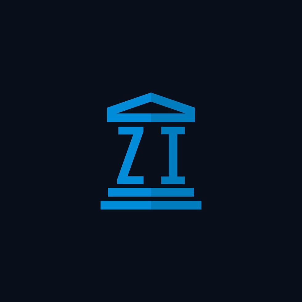monograma del logotipo inicial de zi con vector de diseño de icono de edificio de juzgado simple