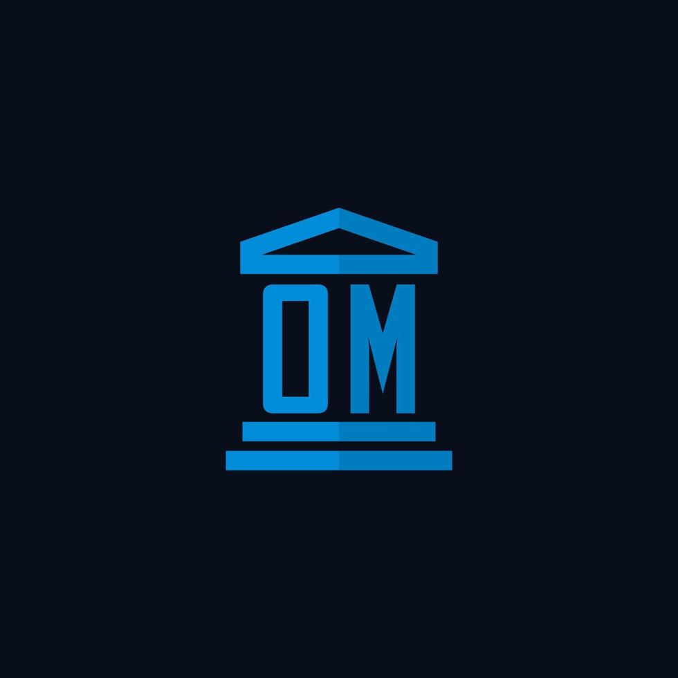 monograma del logotipo inicial de om con vector de diseño de icono de edificio de juzgado simple