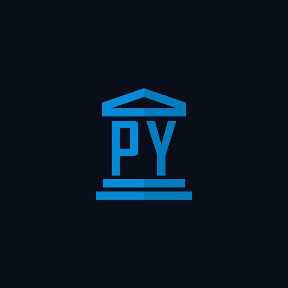 monograma del logotipo inicial de py con vector de diseño de icono de edificio de juzgado simple