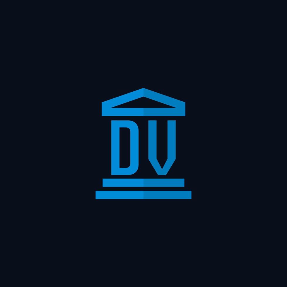 monograma del logotipo inicial de dv con vector de diseño de icono de edificio de juzgado simple