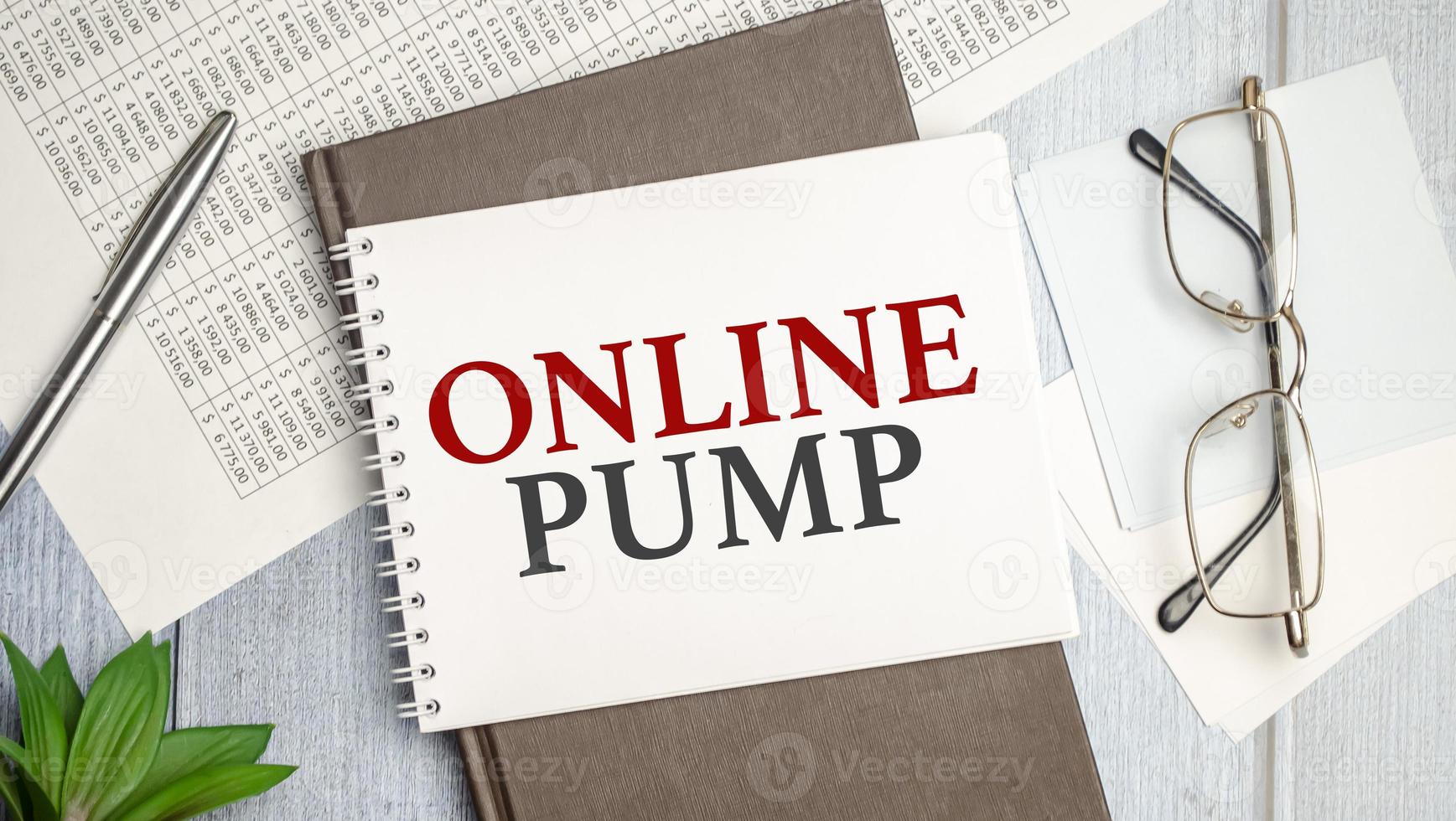 On the table charts, calculator and notebook with the inscription Online Pump photo