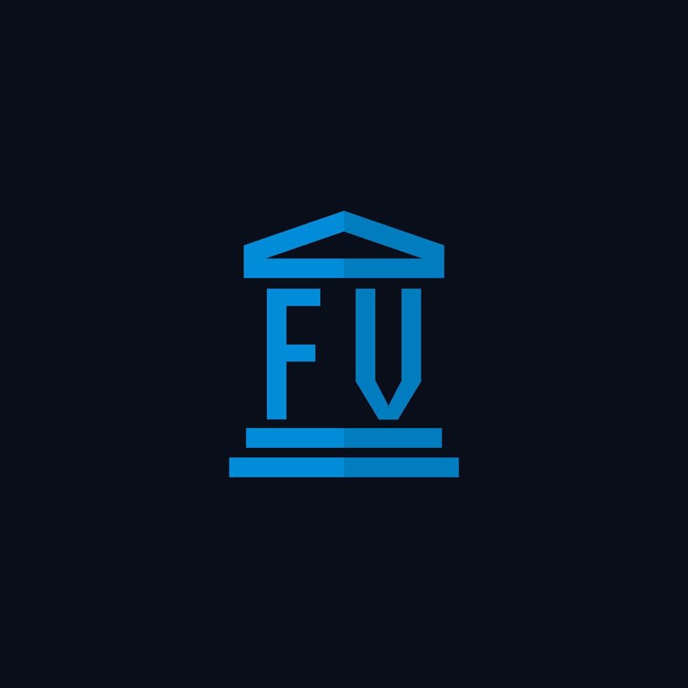 Monograma del logotipo inicial de fv con vector de diseño de icono de edificio de juzgado simple