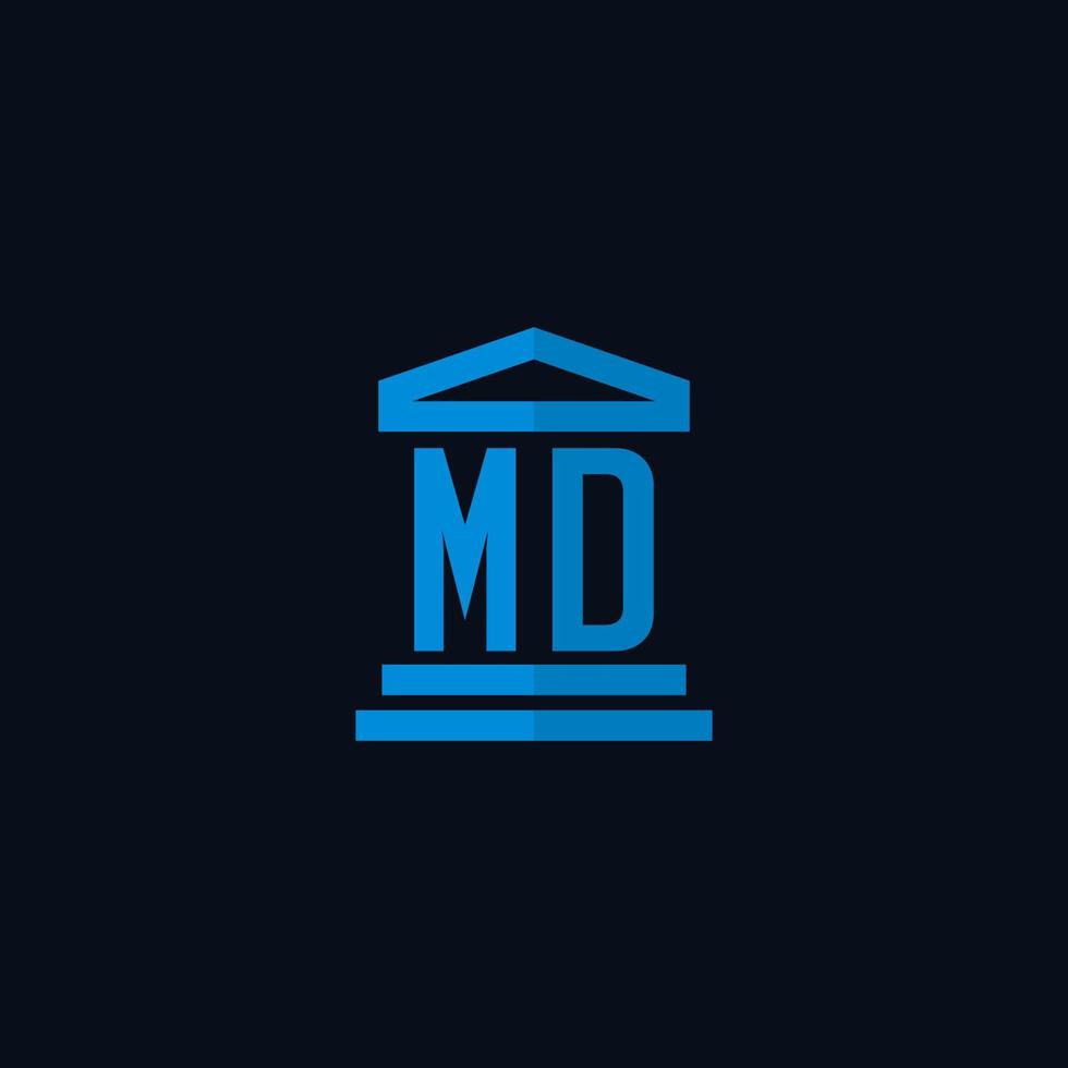 monograma del logotipo inicial de md con vector de diseño de icono de edificio de juzgado simple