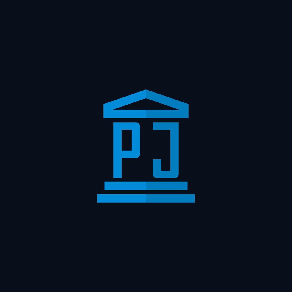 Monograma del logotipo inicial de pj con vector de diseño de icono de edificio de juzgado simple