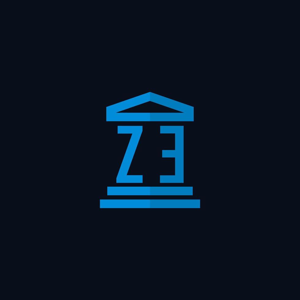 monograma del logotipo inicial de ze con vector de diseño de icono de edificio de juzgado simple