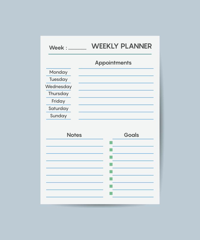 Weekly planner template Clear and simple printable to do list Business organizer page Paper sheet. vector