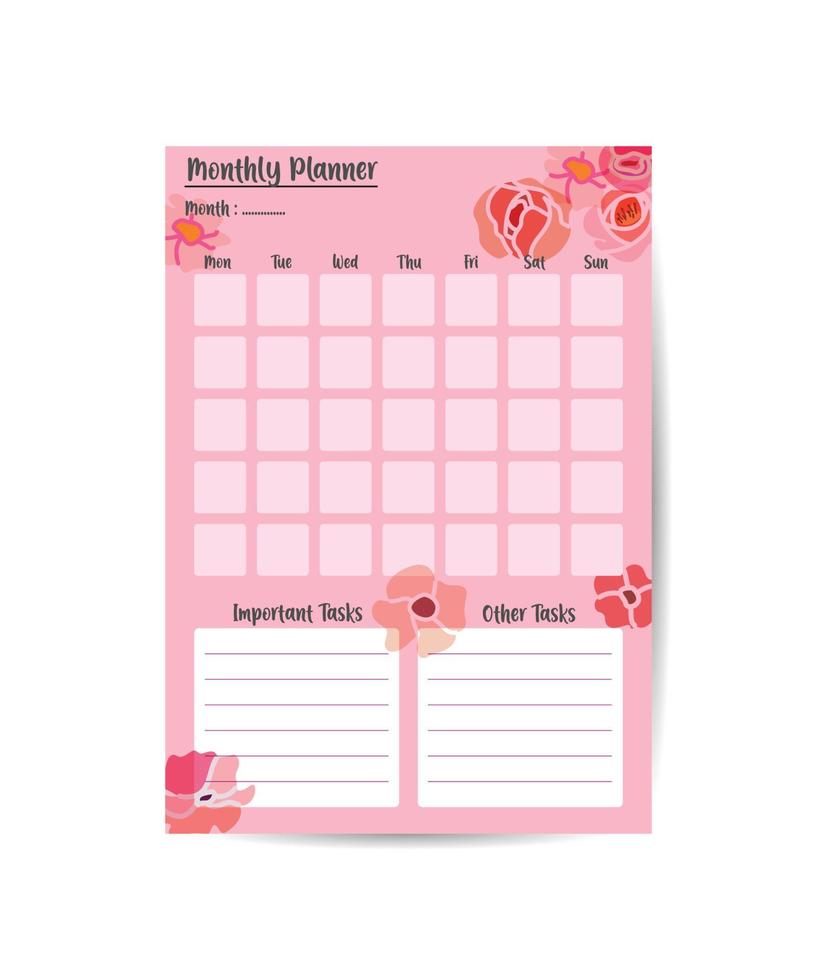 Cute printable Monthly Planner with flower illustrations and abstract design elements. Vector