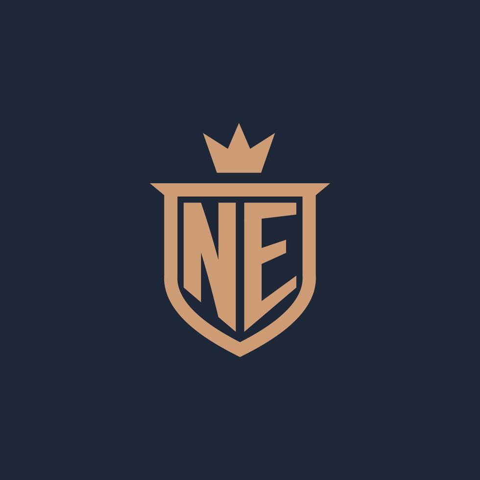 NE monogram initial logo with shield and crown style vector