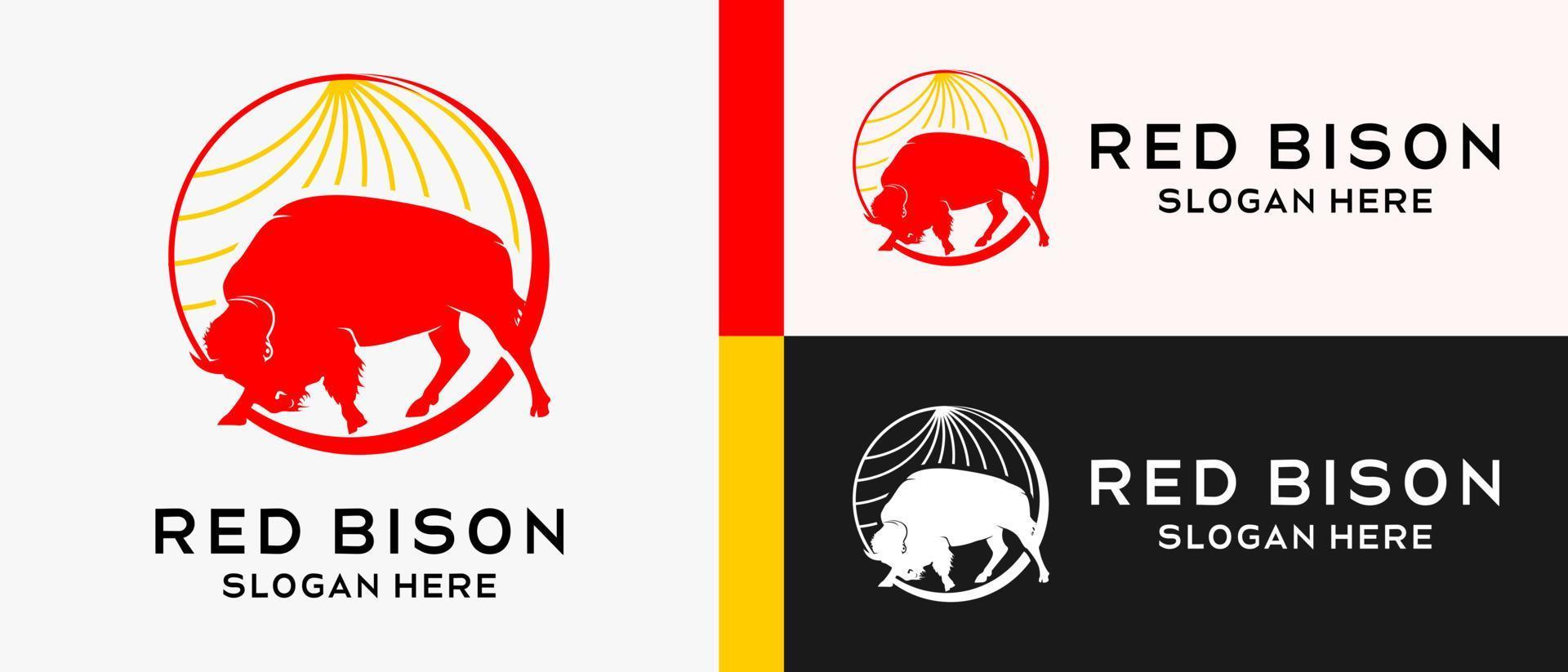 bison logo design template with red color silhouette in circle. premium vector