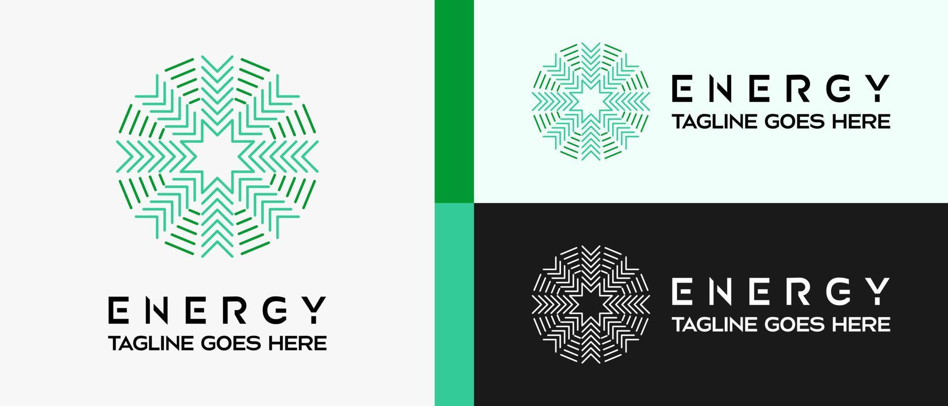 energy logo design template with circle and arrow elements in line art concept. premium vector