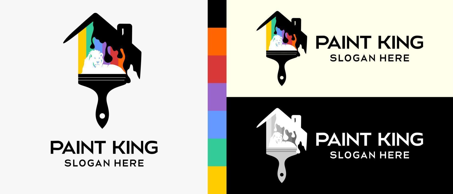 plantilla de diseño de logotipo de pintura de construcción fresca. pincel con silueta y león en el concepto de colores del arco iris. ilustración vectorial de un logotipo para pintura mural o de construcción. vector premium