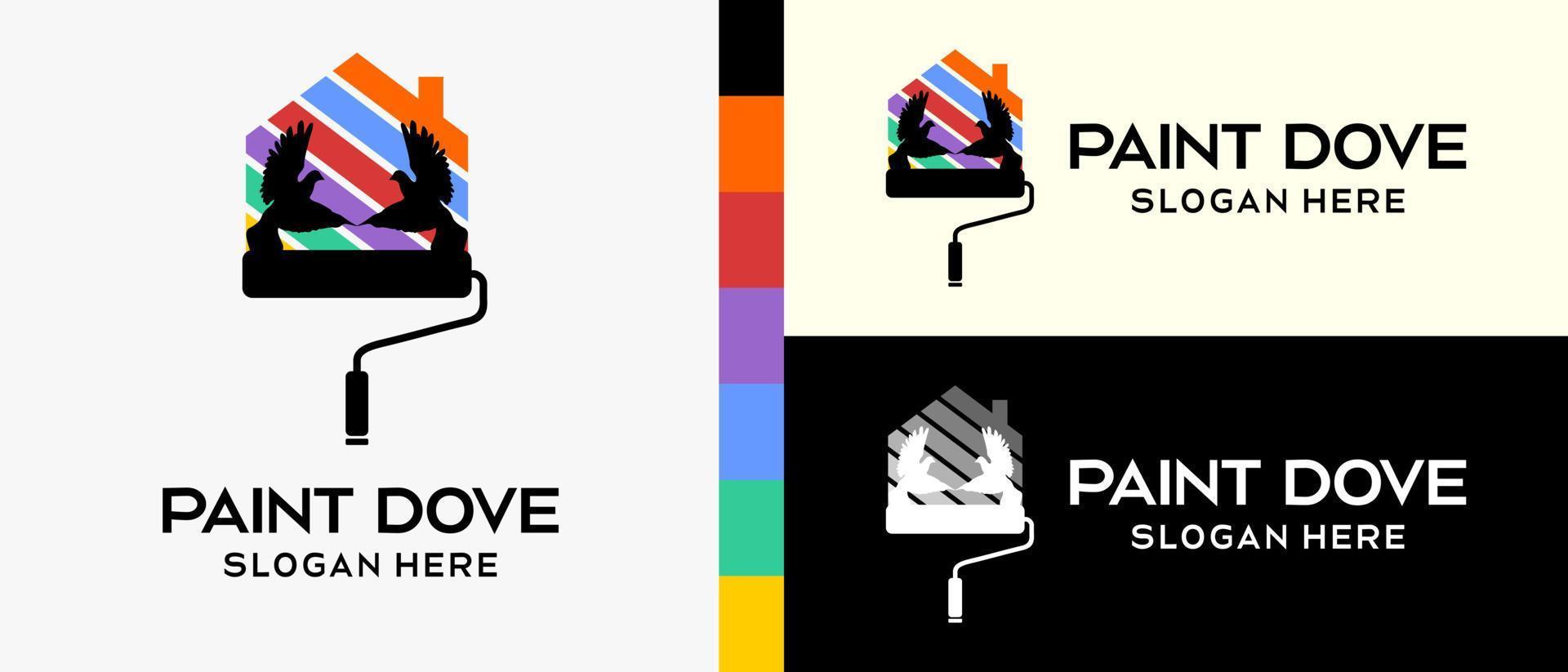 plantilla de diseño de logotipo de pintura de construcción genial. pincel y paloma con silueta e icono de la casa en el concepto de colores del arco iris. ilustración vectorial de un logotipo para pintura mural o de construcción. vector premium