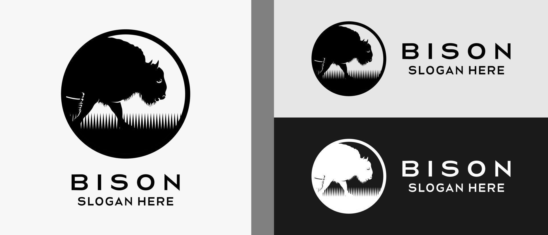 bison logo design template with silhouette in circle. premium vector