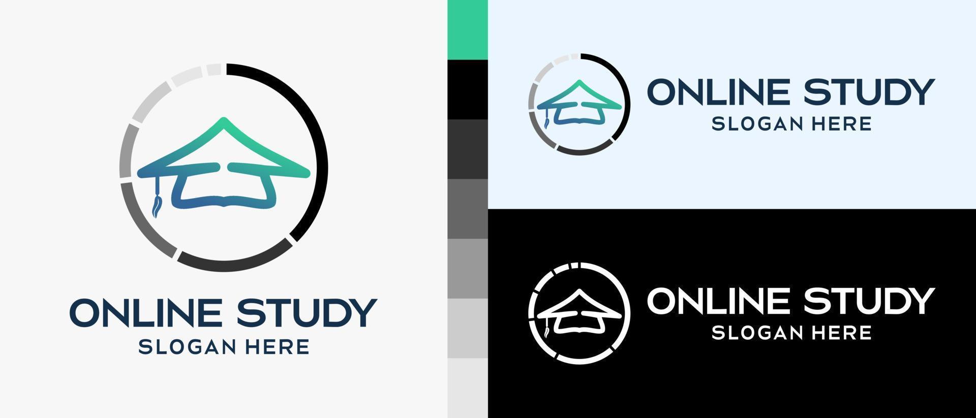 online study logo design template, graduation cap with line art in circle. simple and cool education logo illustration vector