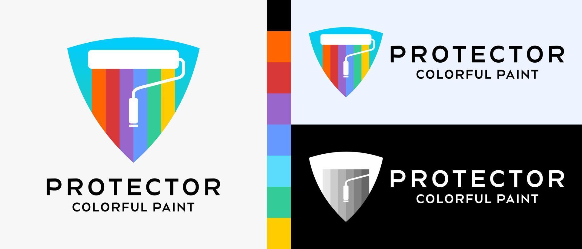 plantilla de diseño de logotipo de pintura de construcción genial. pincel de rodillo con silueta y trazo de pincel con el concepto de color del arco iris en el escudo. ilustración de logotipo para pintura de pared o construcción. vector premium