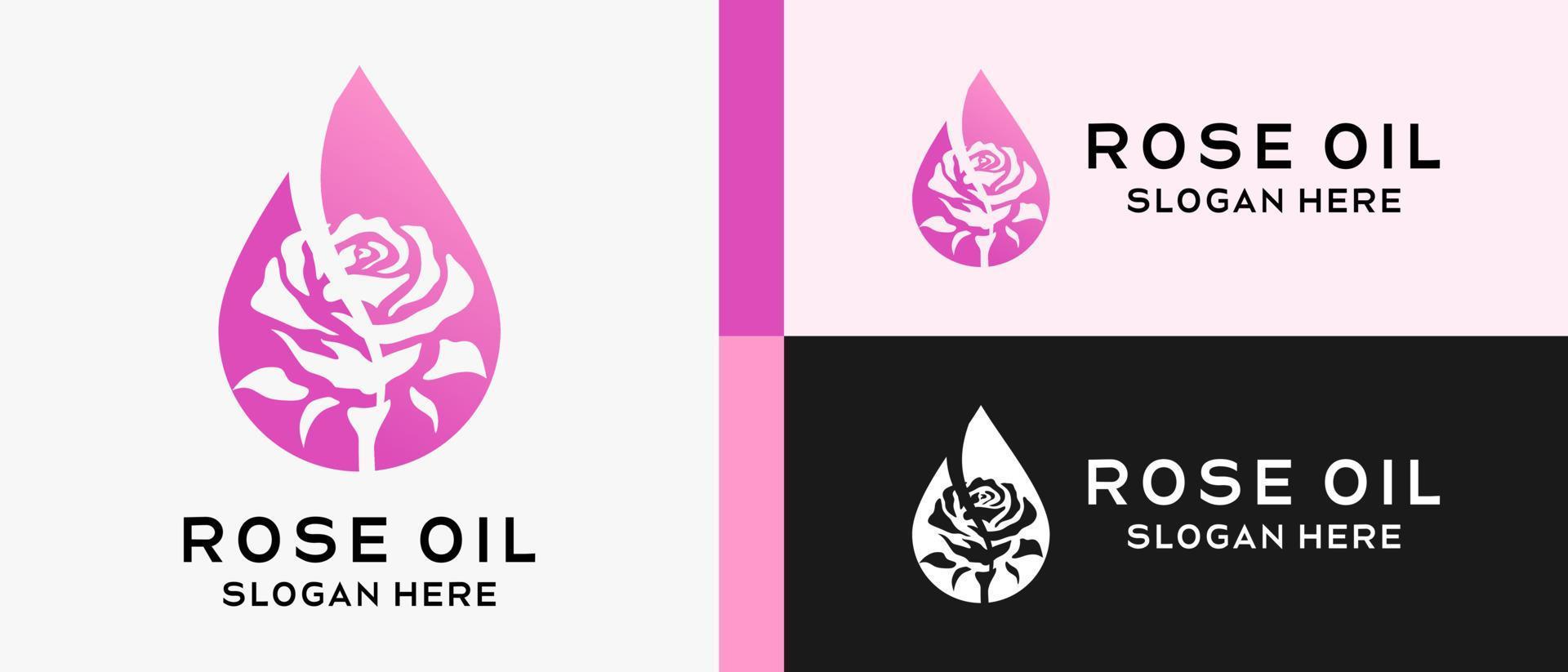 rose oil logo design template with creative concept in pink color drops. premium vector logo illustration