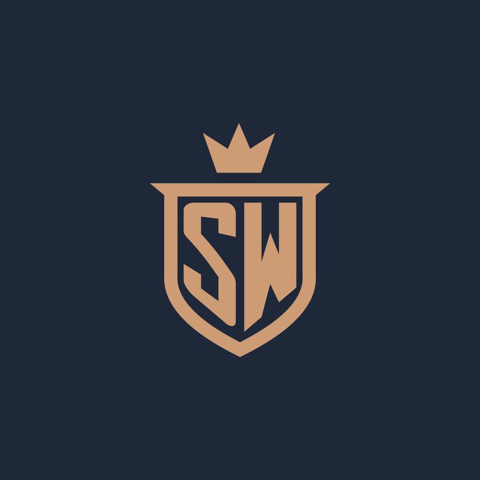 logotipo inicial del monograma sw con estilo de escudo y corona vector