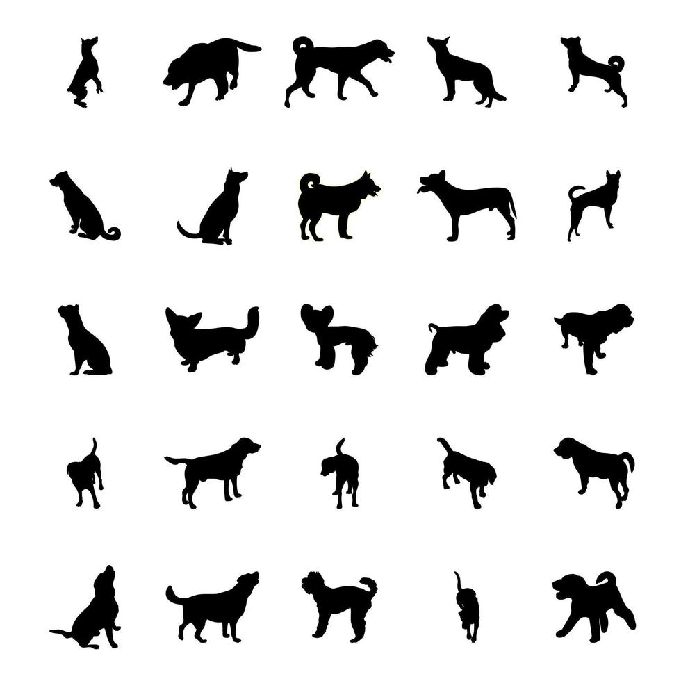siluetas de perros en diferentes poses, un enorme pack de siluetas de animales. vector fondo blanco silueta negra