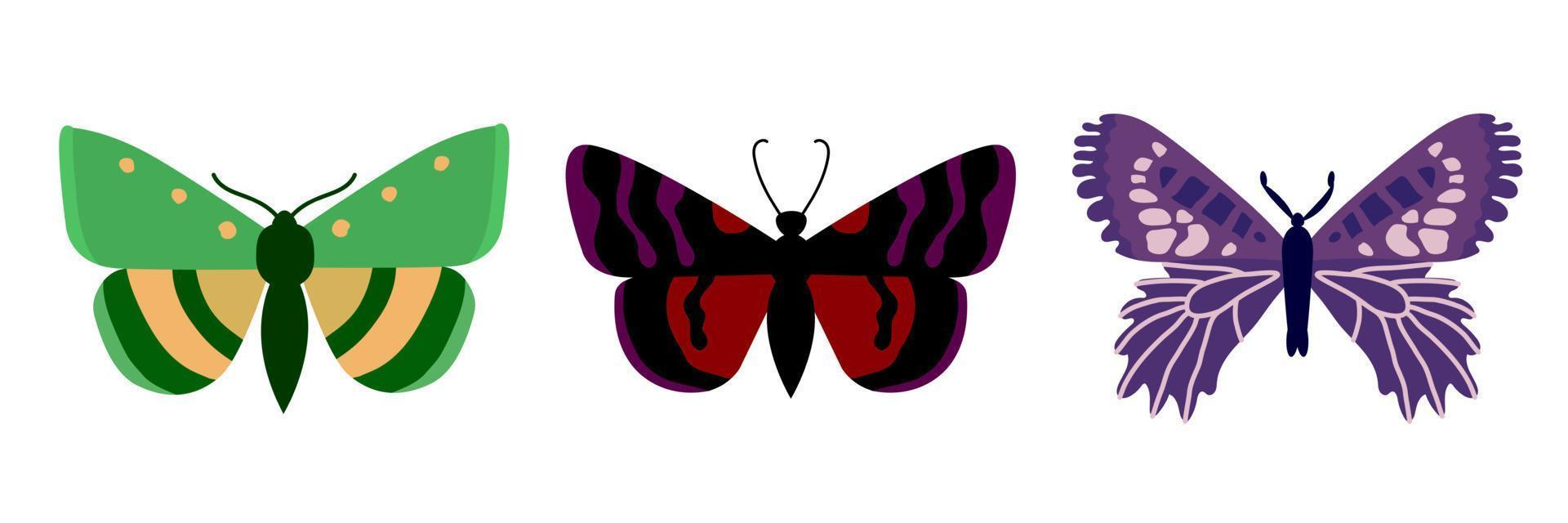 colección de mariposas sobre un fondo blanco. conjunto de iconos de dibujos animados aislados, insecto decorativo. vector