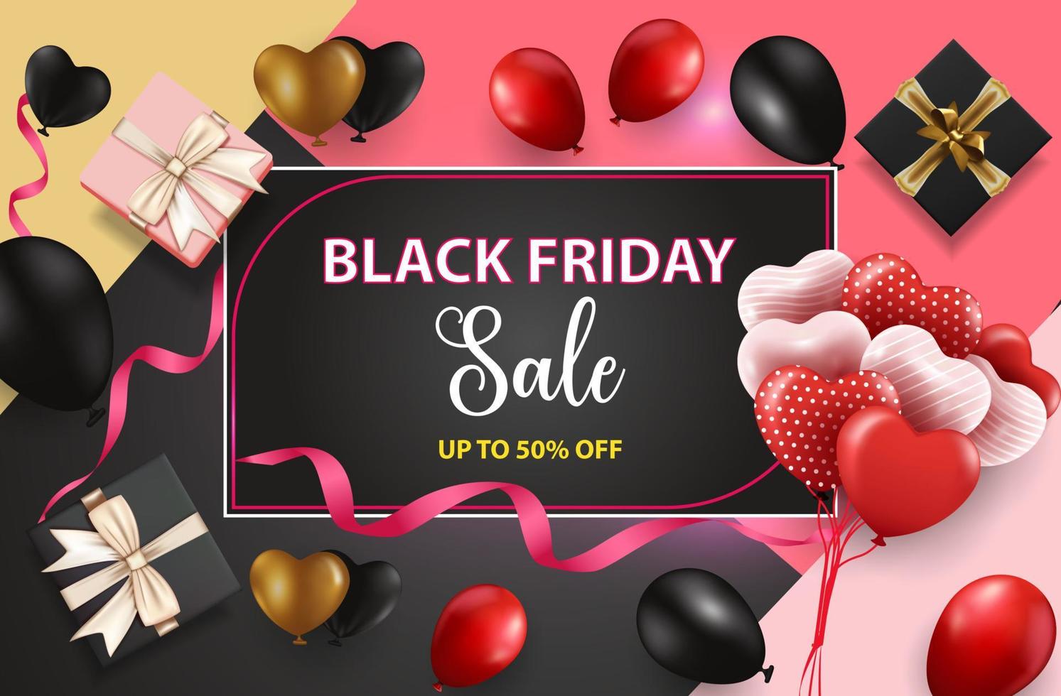 Black Friday Sale Poster with Shiny Balloons and Gift box. Square Frame vector