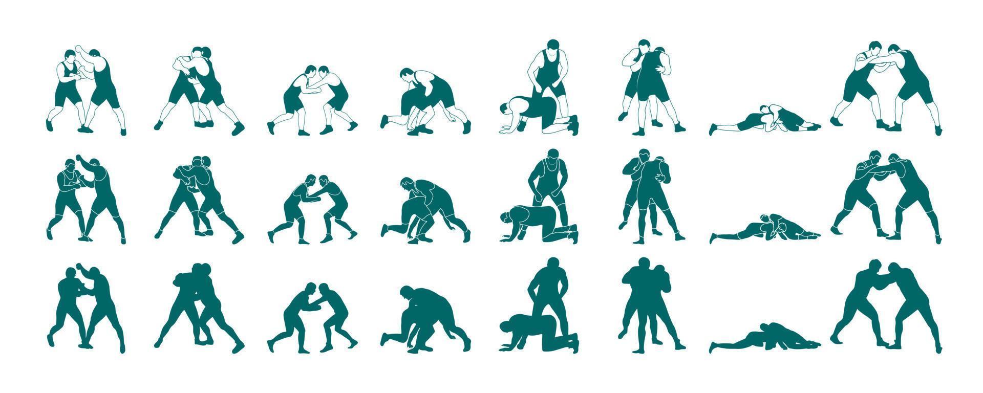 Athlete wrestler in wrestling, duel, fight. A pack of silhouettes Greco Roman, freestyle, classical wrestling. vector